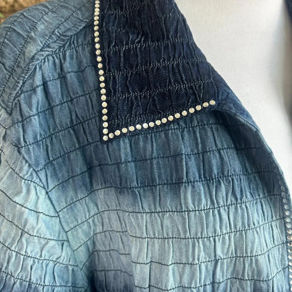 Bleu Bayou Denim Ombre Smocked Open Drape Rhinestone Accented Jacket Size 2X - Picture 6 of 9